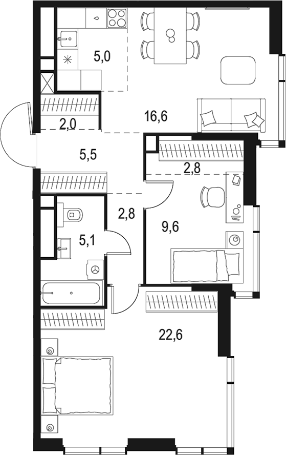 Планировка — Левел Мичуринский, 3-комн., 72 м²