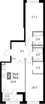 Планировка — Sky Garden, 3-комн., 74 м²