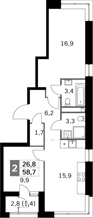 Планировка — Sky Garden, 3-комн., 58 м²