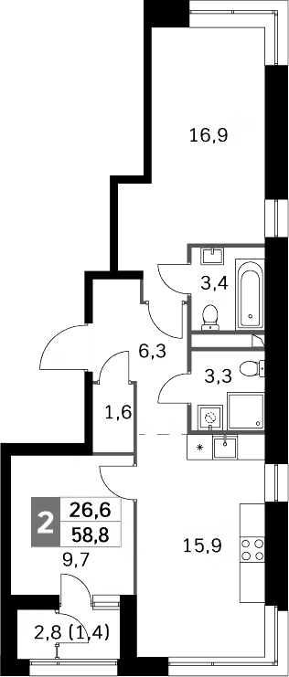 Планировка — Sky Garden, 3-комн., 58 м²