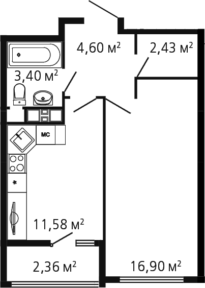 Планировка — Миниполис Рафинад, 1-комн., 40 м²