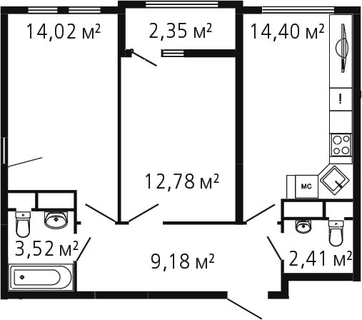 Планировка — Миниполис Рафинад, 2-комн., 56 м²