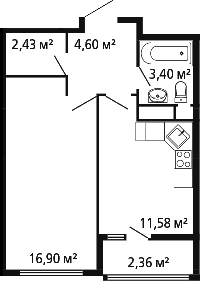 Планировка — Миниполис Рафинад, 1-комн., 39 м²