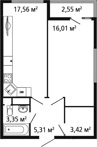 Планировка — Миниполис Рафинад, 1-комн., 46 м²