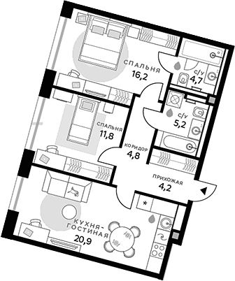 Планировка — СберСити, 2-комн., 68 м²