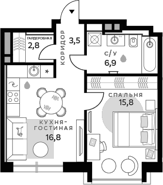 Планировка — СберСити, 1-комн., 45 м²