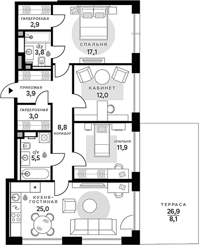 Планировка — СберСити, 3-комн., 94 м²