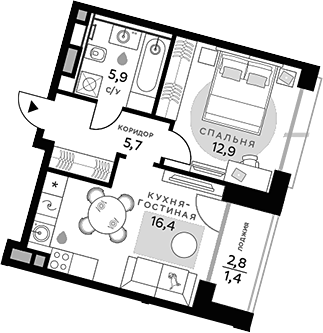 Планировка — СберСити, 1-комн., 41 м²