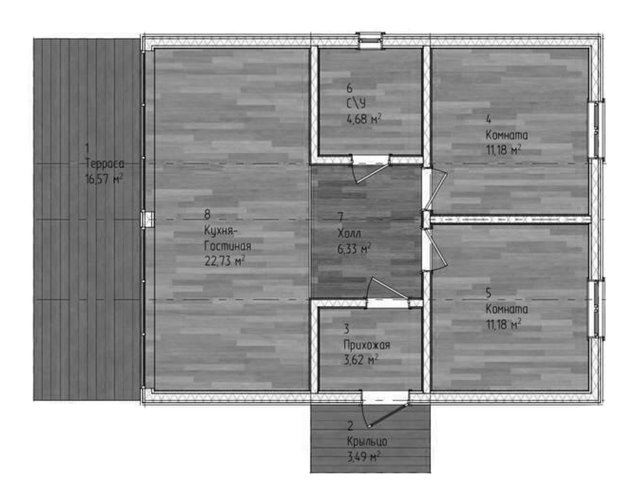 Планировка — Коттеджный поселок Повадино-8, 2-комн., 74 м²