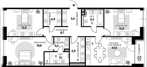 Планировка — СберСити, 3-комн., 108 м²