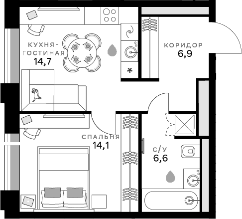 Планировка — СберСити, 1-комн., 42 м²