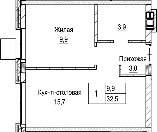 Планировка — Лесная Отрада, 2-комн., 33 м²