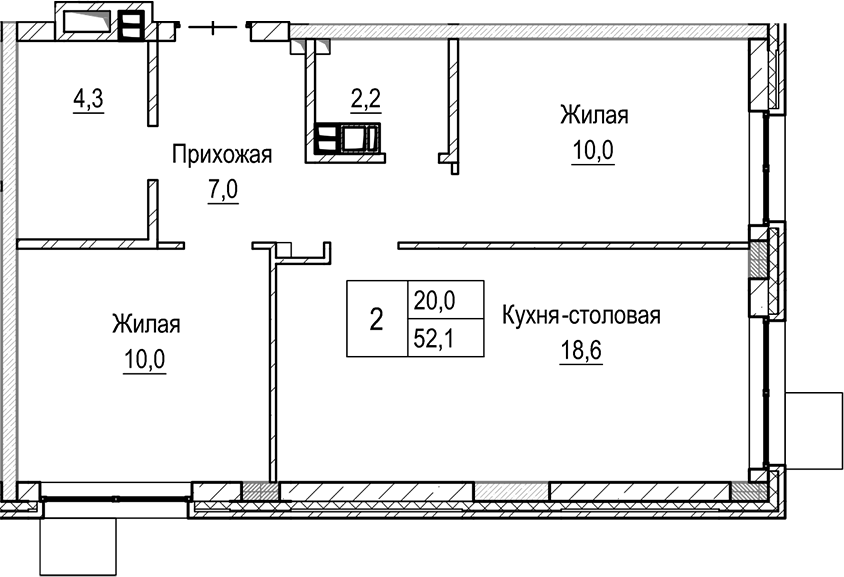 Планировка — Лесная Отрада, 3-комн., 52 м²