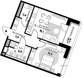 Планировка — СберСити, 1-комн., 45 м²