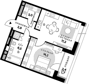 Планировка — СберСити, 2-комн., 45 м²