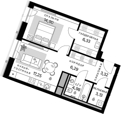Планировка — СберСити, 1-комн., 56 м²
