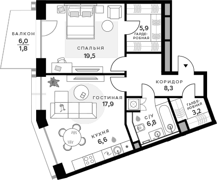 Планировка — СберСити, 2-комн., 68 м²