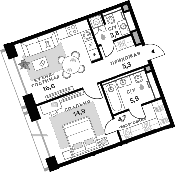 Планировка — СберСити, 2-комн., 51 м²