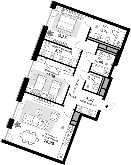 Планировка — СберСити, 2-комн., 89 м²
