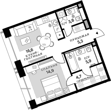 Планировка — СберСити, 2-комн., 51 м²