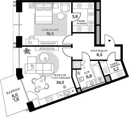 Планировка — СберСити, 1-комн., 68 м²