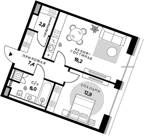 Планировка — СберСити, 1-комн., 48 м²