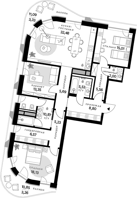 Планировка — СберСити, 3-комн., 129 м²