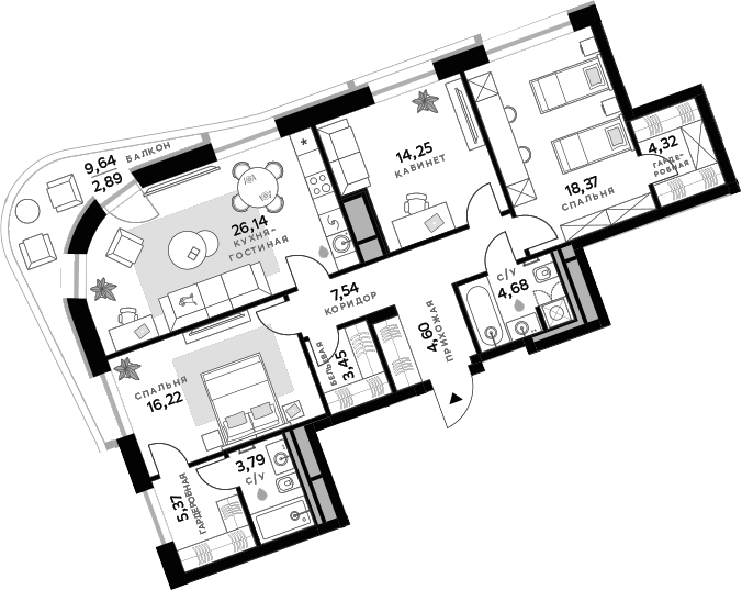 Планировка — СберСити, 3-комн., 109 м²