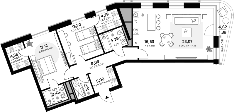 Планировка — СберСити, 3-комн., 105 м²
