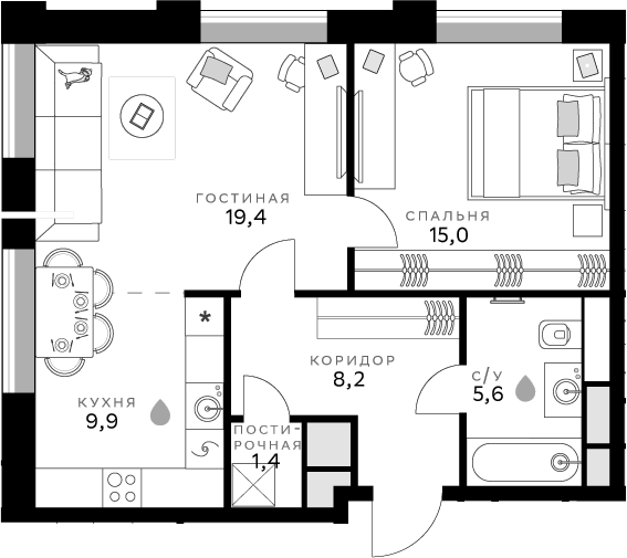 Планировка — СберСити, 2-комн., 60 м²