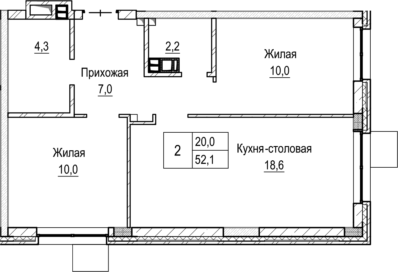 Планировка — Лесная Отрада, 3-комн., 52 м²