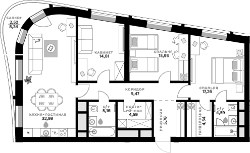 Планировка — СберСити, 3-комн., 115 м²