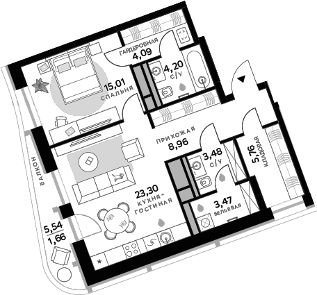 Планировка — СберСити, 1-комн., 68 м²