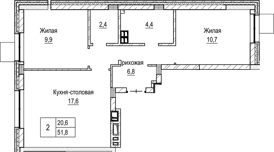 Планировка — Лесная Отрада, 3-комн., 52 м²