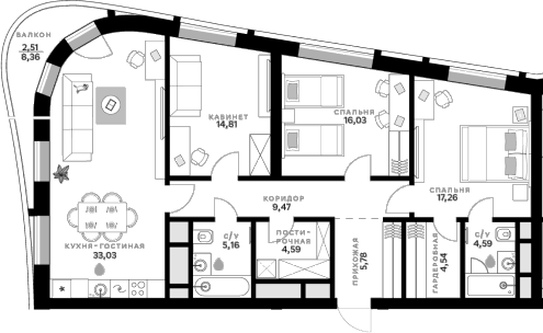 Планировка — СберСити, 3-комн., 115 м²