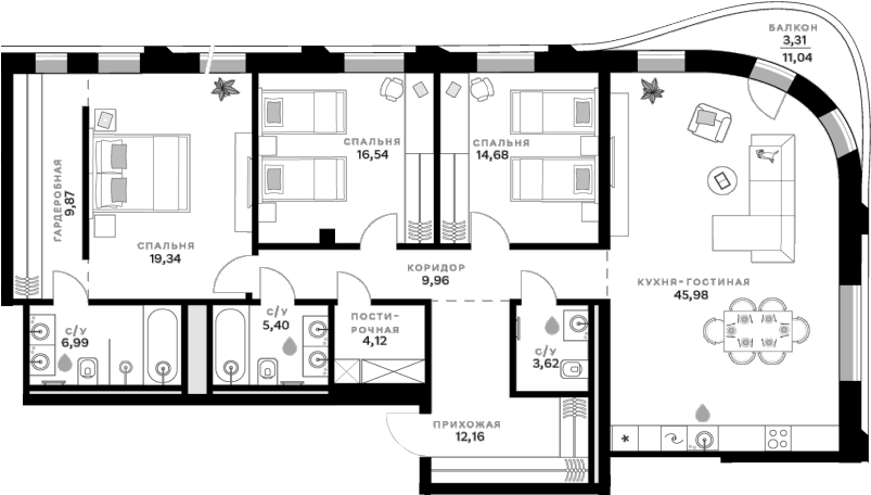 Планировка — СберСити, 3-комн., 149 м²