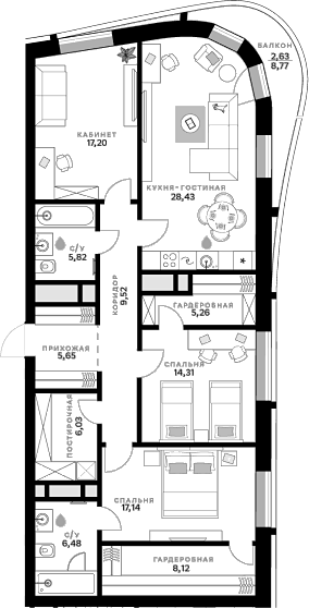 Планировка — СберСити, 3-комн., 124 м²