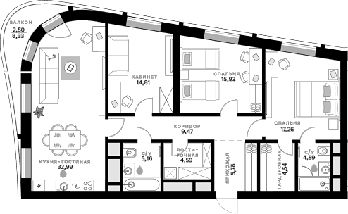 Планировка — СберСити, 3-комн., 115 м²