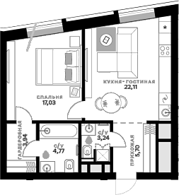 Планировка — СберСити, 1-комн., 57 м²