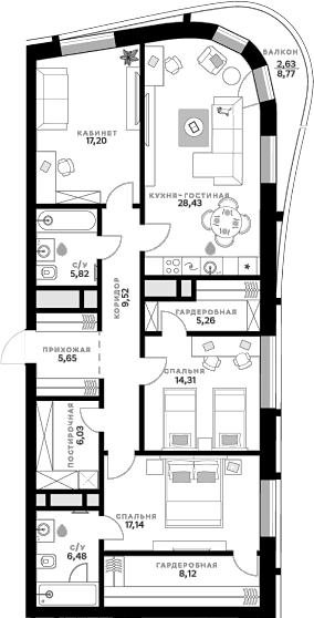 Планировка — СберСити, 3-комн., 124 м²