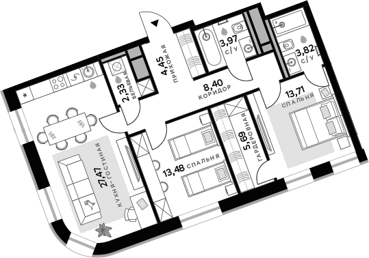 Планировка — СберСити, 2-комн., 83 м²