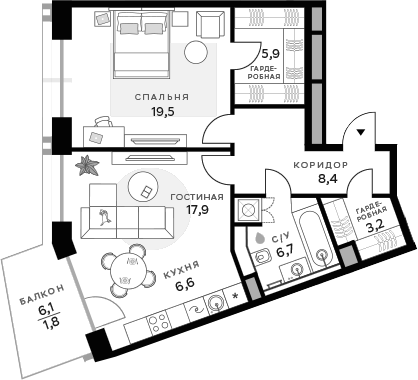 Планировка — СберСити, 2-комн., 68 м²