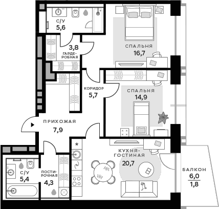 Планировка — СберСити, 2-комн., 85 м²