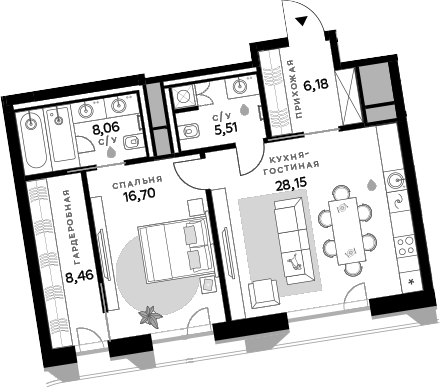 Планировка — СберСити, 1-комн., 73 м²