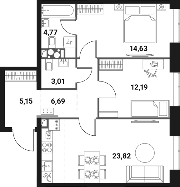 Планировка — Инноватор, 3-комн., 70 м²