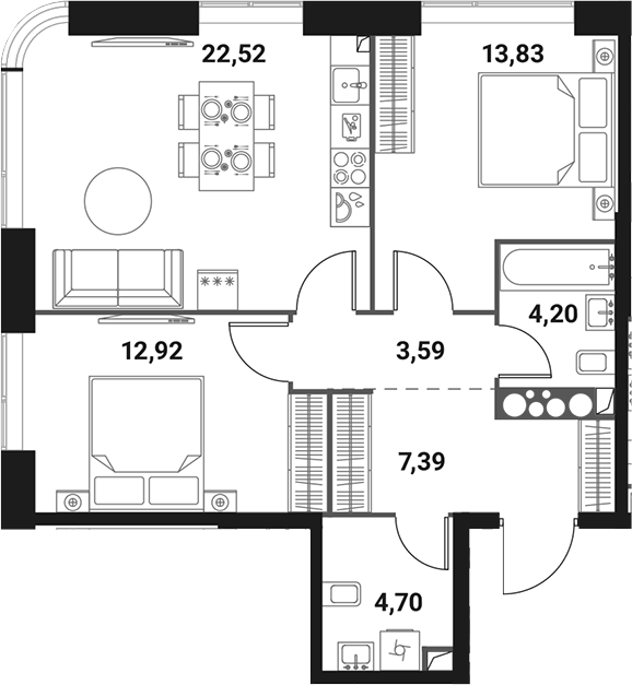 Планировка — Инноватор, 3-комн., 69 м²