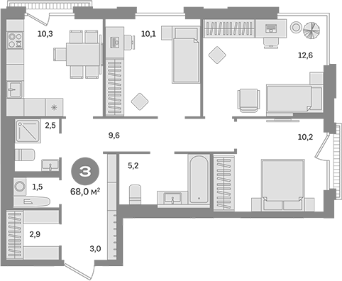 Планировка — Квартал Герцена, 3-комн., 68 м²