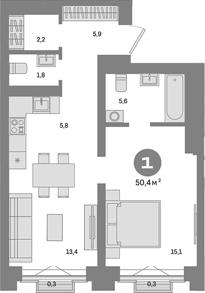 Планировка — Метроном, 1-комн., 50 м²