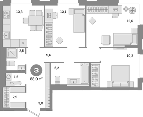 Планировка — Квартал Герцена, 3-комн., 68 м²