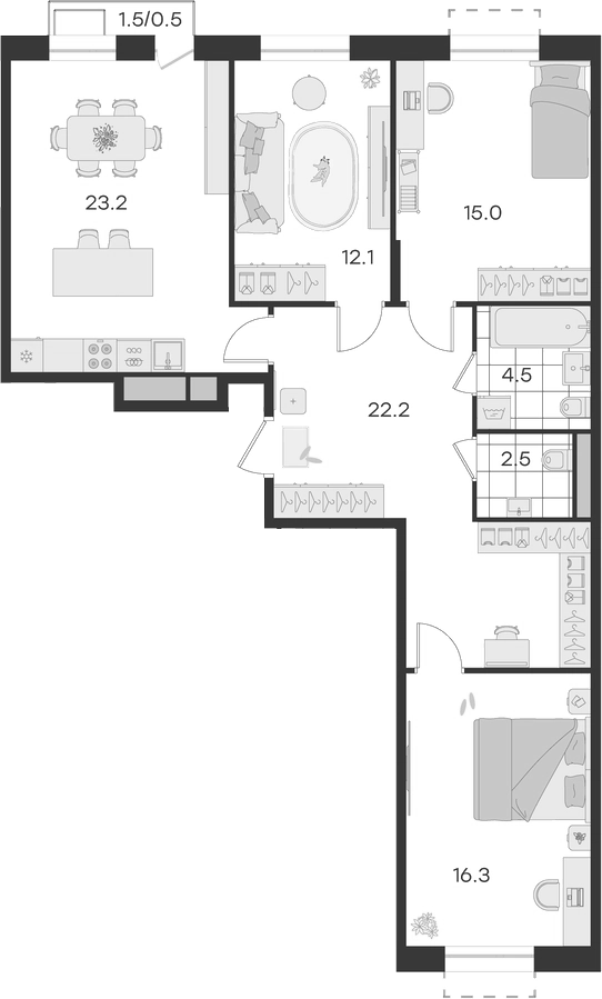 Планировка — Театральный, 4-комн., 96 м²